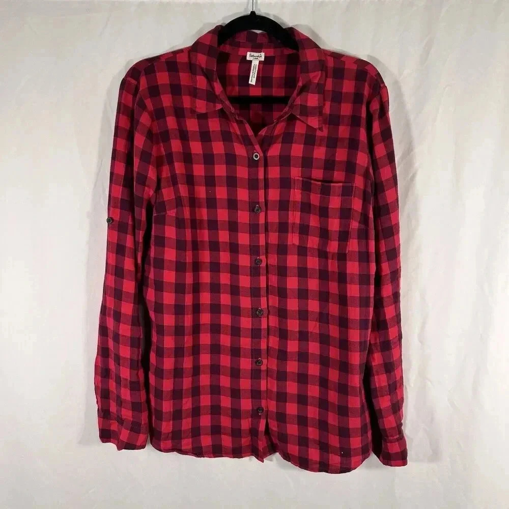 Splendid Flannel Shirt Women's Large Red Plaid Button Up Long Sleeve Collared